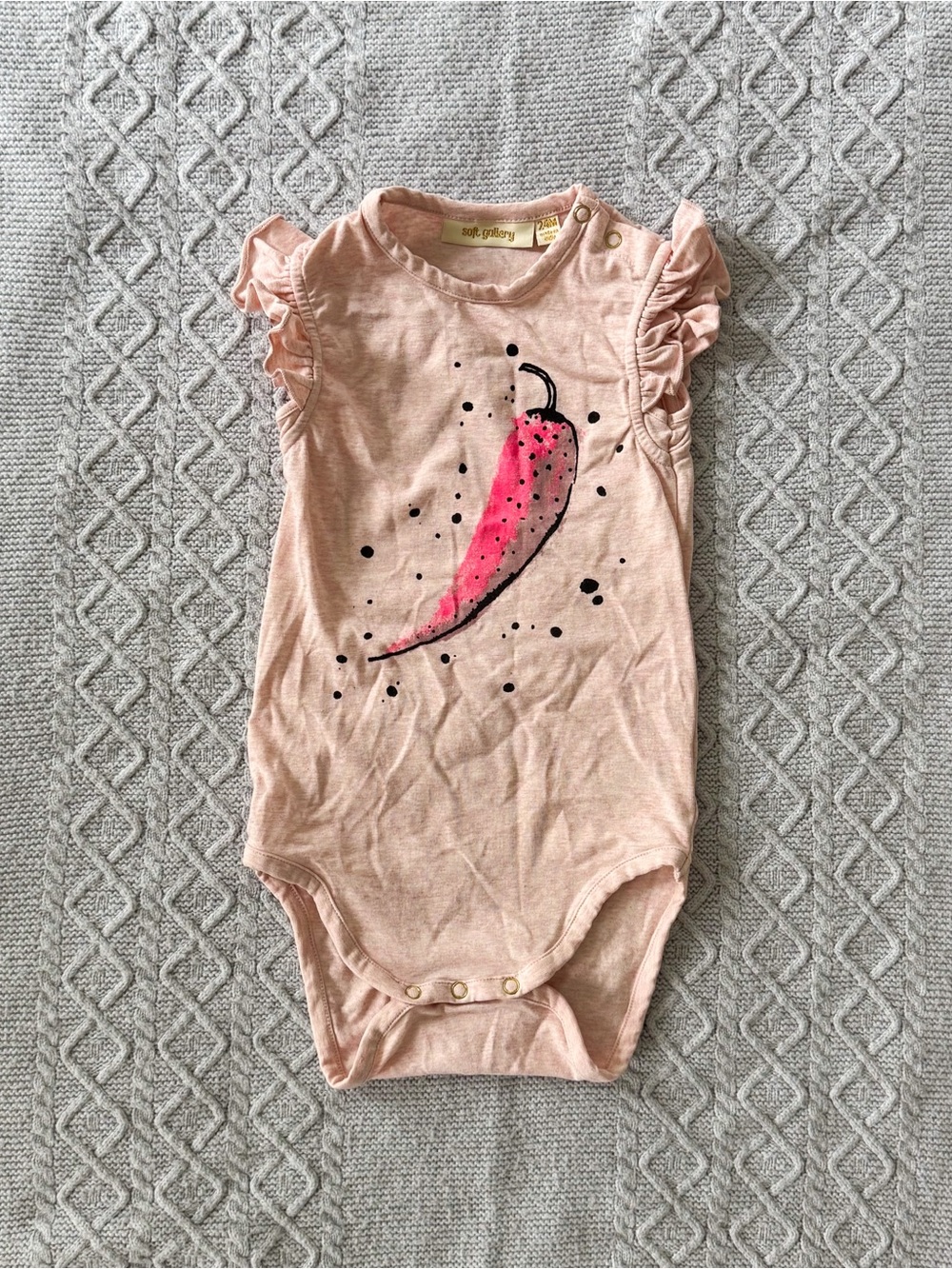 Pale Pink Ruffle-Sleeve Bodysuit with Hot Pink Chili Pepper Graphic